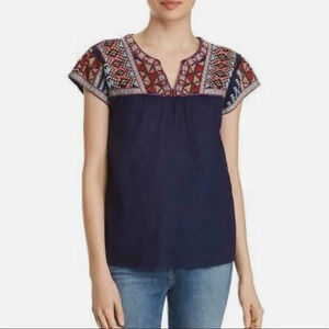 Johnny Was Ezra Embroidered Yoke Navy Linen Blouse Top Navy Small